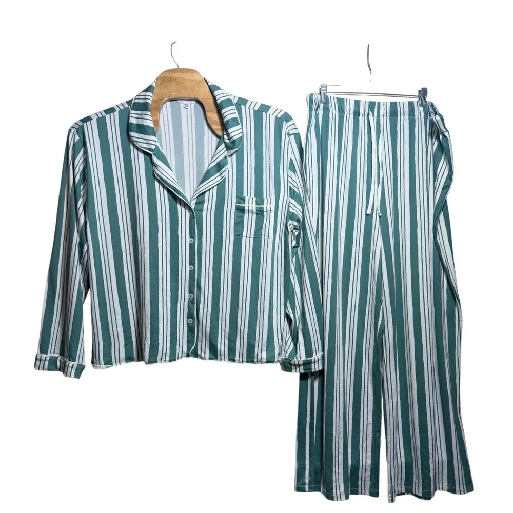 Honeydew Intimates Pajama Set 2X 3X Green White Striped Button Front Loungewear